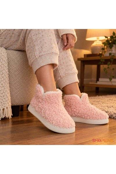 SHOPIENS Papuci De Casa Dama Botosi Roz Pufosi Cu Talpa Intarita Marime 38-39