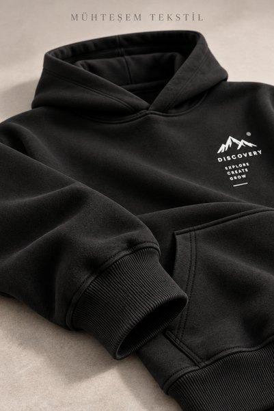 MÜHTEŞEM TEKSTİL Dağ ve Doğa Baskılı 3 İplik Kapüşonlu Sweatshirt Kanguru Cepli