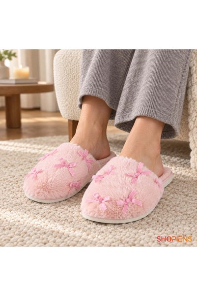 SHOPIENS Papuci De Casa Dama Roz Cu Fundite Din Catifea Marime 40-41