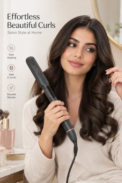 LAC Wide Black Ceramic Plate Hair Flat Iron LAC, 2 in 1 Straightener Curler, Fast Heating for Thick Long Frizzy