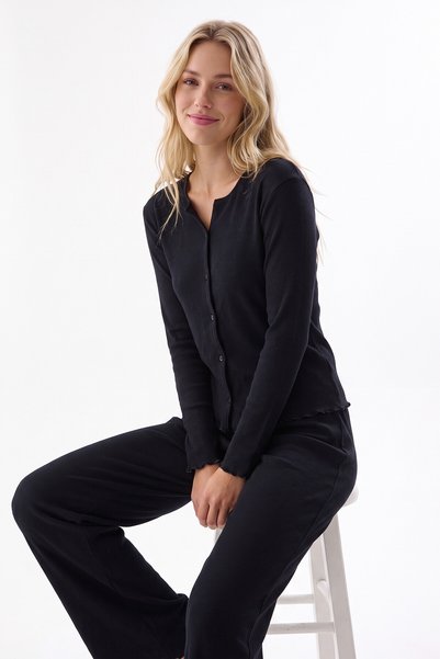 NBB Siyah Noir Fitilli Önden Düğmeli Kaşkorse Pijama Takım