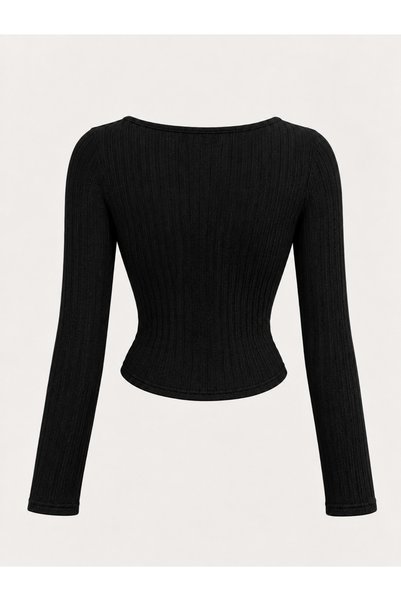 Wildco Black Ribbed Knitwear Gold Buckle Square Neck Long Sleeve Crop Blouse, Black Ribbed Knitwear Long Sleeve Blouse with Gold Accessories