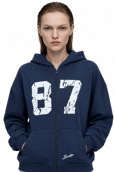HAKKE Oversize college printed zippered hooded sweatshirt