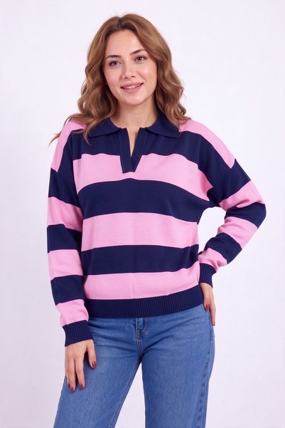 Teenage Millionaire Women's Navy Blue Pink Striped Polo Lapel Half Oversize D...