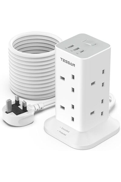 TESSAN وصلة تمديد كهربائية بـ 8 منافذ و3 منافذ USB بطول 5 أمتار