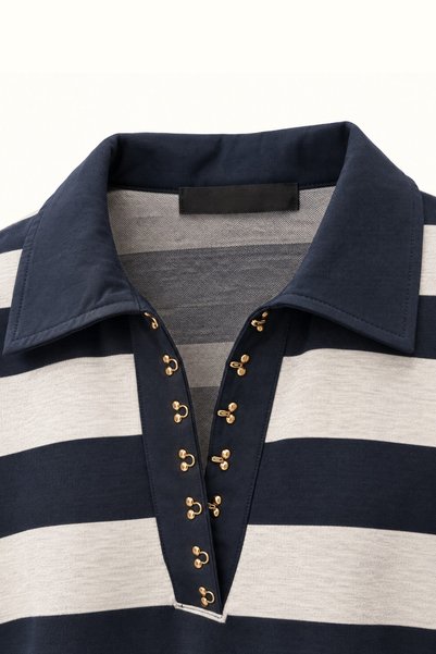 Sezgi Tekin Agraflı Polo Yaka Lacivert Çizgili Sweat