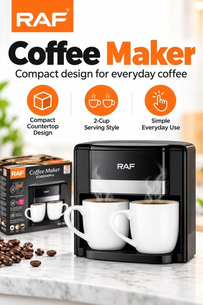 RAF Drip Coffee Maker 420ml 650W with 2 Ceramic Cups, Compact 2-Cup Coffee Ma...