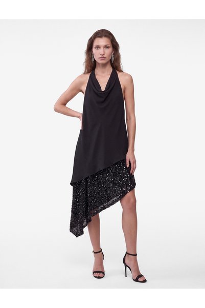 Koton Halter Neck Asymmetrical Cutout Degaje Collar Sleeveless Layered Sequin...