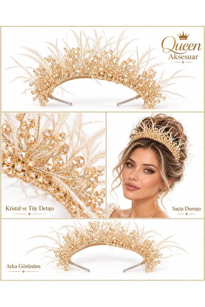 QUEEN AKSESUAR Lüks Aurora Işıltısı Kristal Taşlı Tüylü Gelin taç şampanya Gold altın sarı Nişan Kına Düğün Özel Gün Tacı