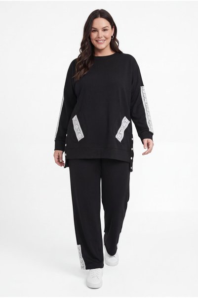 Ebsumu Women's Plus Size Lace Detailed Side Buttoned Black Tracksuit Set