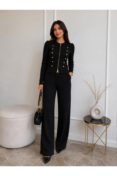 Yezda Fashion Kadın Siyah Düğmeli Çift Fermuarlı Ceket