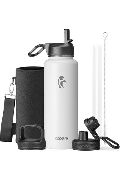 Generic Water Bottle Insulated with 3 Lids, 1.2 Liters, White
