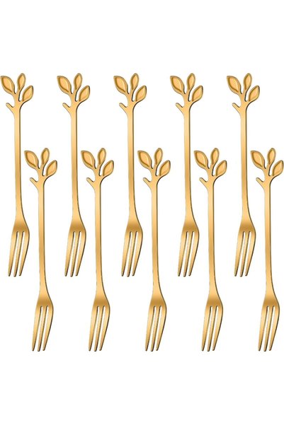 Generic 10-Piece Gold Mini Leaf Dessert Forks Set - 4.7" Elegant Stainless St...