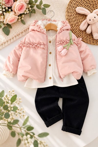 Minigimin Cicileri Ruffle Tulip Detailed Hooded Inflatable Coat for Baby Girl...