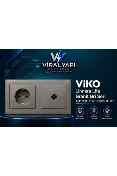 VİKO Linnera Life Granit Grisi Topraklı Priz+Tv Prizi (F Konnektörlü)+ İkili ...