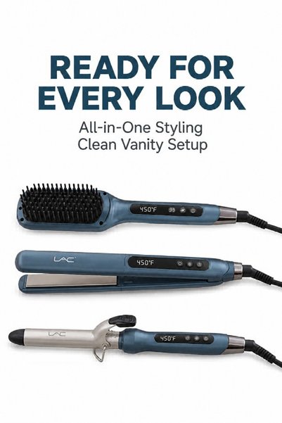 LAC 3 Pcs Hair Styling Tools Set, Blue All-in-One Kit, Hair Straightener Brush, Flat Iron & Curling Iron with LED Digital Display Adjustable Temperature