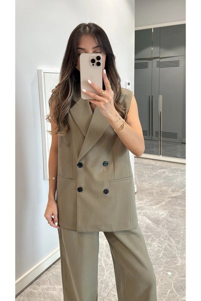My Blog Haki Düğme Detaylı Yelek Pantolon Takım - 3y9568