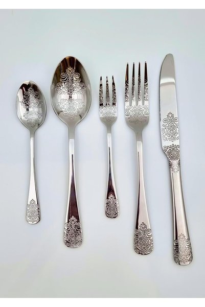 Generic 5-Piece Premium Silver Heavy Embossed Stainless Steel Spoon and Fork ...