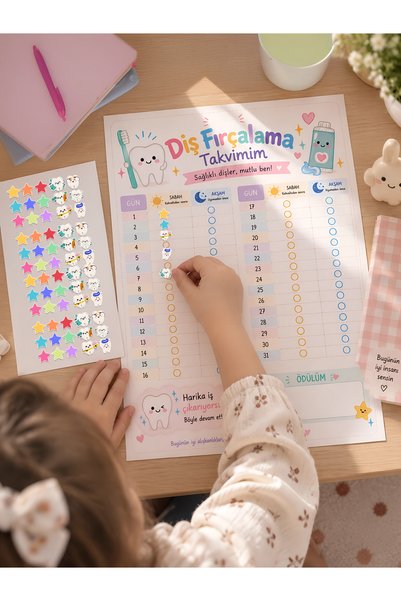 KiziHediye Çocuklar İçin Diş Fırçalama Takvimi 2'li Set – 31 Günlük Aylık Diş...