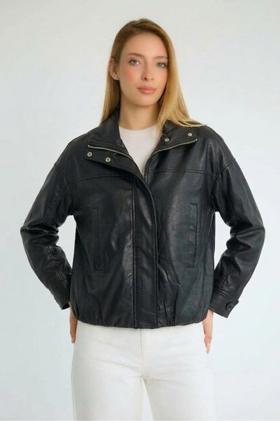 Robin D100020 Dik Yaka Beli Lastikli Bomber Kadın Suni Deri Mont Siyah