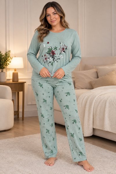 STELLAPİNK ÇİÇEK DESENLİ BÜYÜK BEDEN UZUN KOLLU PİJAMA TAKIMI-YEŞİL