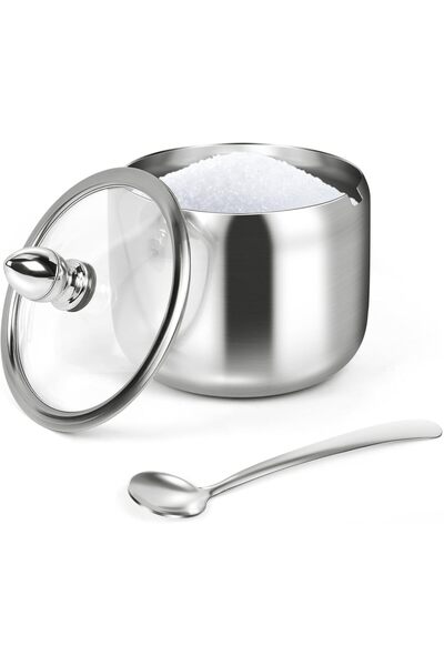 Generic Stainless Steel Sugar Bowl with Glass Lid and Spoon, 290 ml, for Bar,...