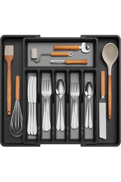 Generic صينية أدوات مائدة مطورة أكبر للدرج، منظم أدوات مائدة قابل للتعديل وغي...