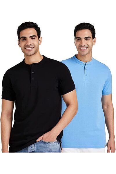 Generic قميص بولو هينلي رجالي بلون واحد وقصة عادية (عبوة من قطعتين) (Henley-PO2)