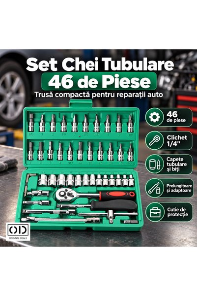 ORIGINAL DEALS 46-Piece 1/4 Inch Socket Wrench Ratchet and Bit Set, Green Case