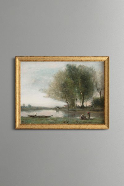 epiqart Willows and Villagers by the River - Vintage Patterned Painting - Fin...