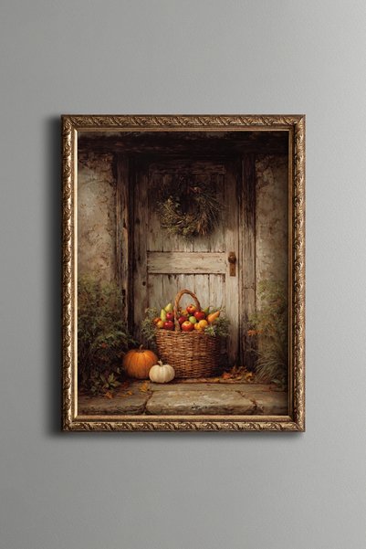 epiqart Harvest Basket in Front of Old Wooden Door - Vintage Patterned Painti...