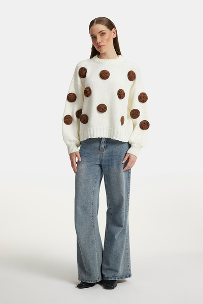 Cmc Tekstil Women's Hand-Knitted Rose Embroidered Knitwear Sweater