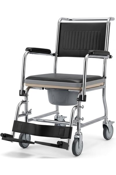 Health Mart 3-in-1 Mobile Commode Chair, Bedside Toilet, Transport Wheelchair & Shower Chair, Height-Adjustable Chrome Steel Frame, Flip-Up Armrests, Detachable Footrests, Locking Casters