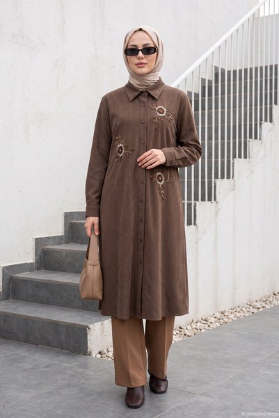Lale Butik Women's Bead Detail Long Cotton Shirt 4726 Brown