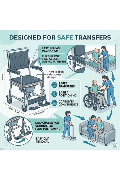 Health Mart 3-in-1 Mobile Commode Chair, Bedside Toilet, Transport Wheelchair & Shower Chair, Height-Adjustable Chrome Steel Frame, Flip-Up Armrests, Detachable Footrests, Locking Casters