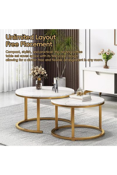 wayawaa Mdf Marble Tables Nesting Set – Set of 2, Furniture, Fence-Style Design for Living Room or Hall, Freely Combinable, Easy Assembly, Suitable for Living Room, Bedroom, and Office – Elegant Marble Design