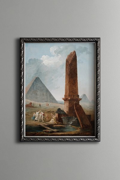 epiqart عربة التخييم أمام الهرم والتمثال المائل - لوحة بنمط عتيق - نموذج رفيع