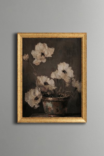 epiqart White Flowers in a Pot on a Dark Background - Vintage Patterned Paint...