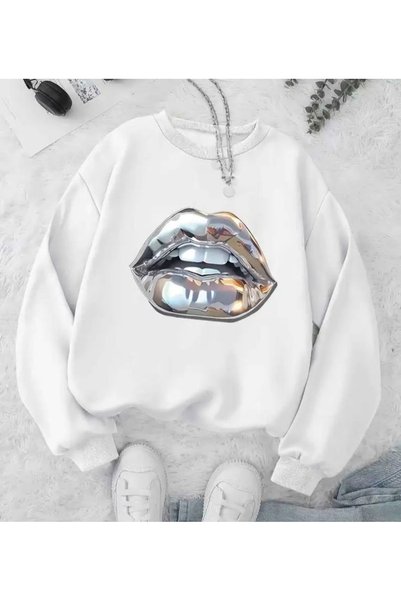 Vordevia Lip Print Cotton 3 Thread Raster Crew Neck Oversize Sweatshirt