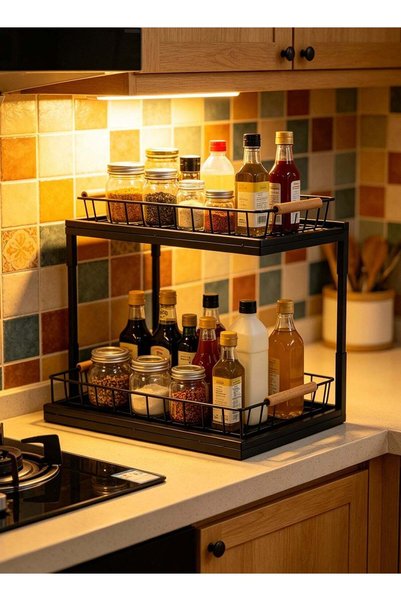 Noon East 2-Tier Carbon Steel Countertop Organizer with Wooden Handles