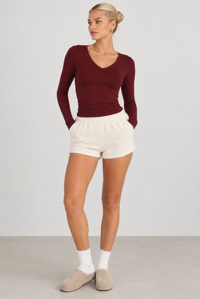 Nuevo Kadın Bordo V Yaka Uzun Kollu Basic Soft Body Bluz Günlük Şık Üst Pamuklu Nefes Alan Kumaş