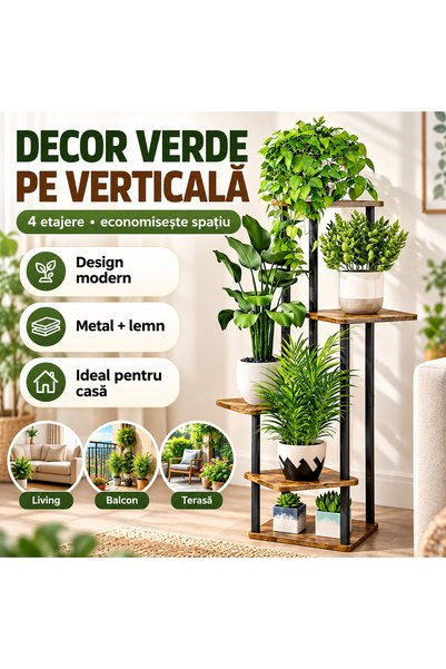 iTin Suport flori vertical cu 4 etajere, 106.3 cm, structura metalica si poli...