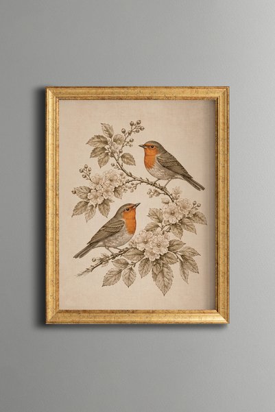 epiqart Two Magpies on Flowering Branches - Vintage Patterned Painting - Fine...