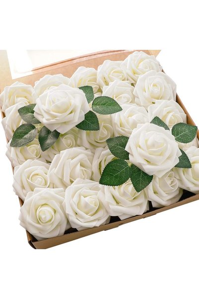 Generic Artificial Flowers 25pcs Real Looking Ivory Foam Fake Roses with Stem...