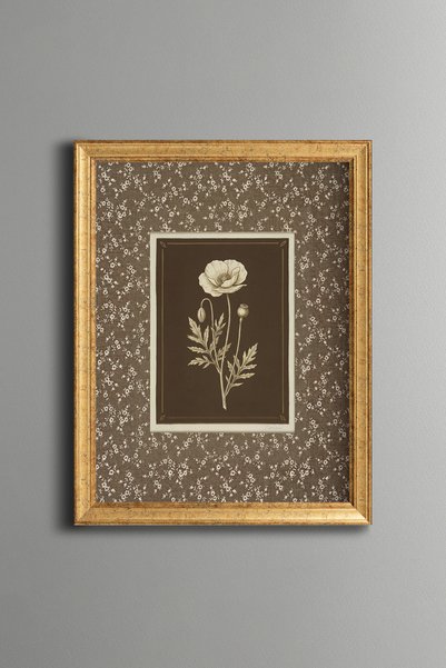 epiqart Kahverengi Çiçekli Zeminde Beyaz Gül - Vintage Desenli Tablo - İnce M...