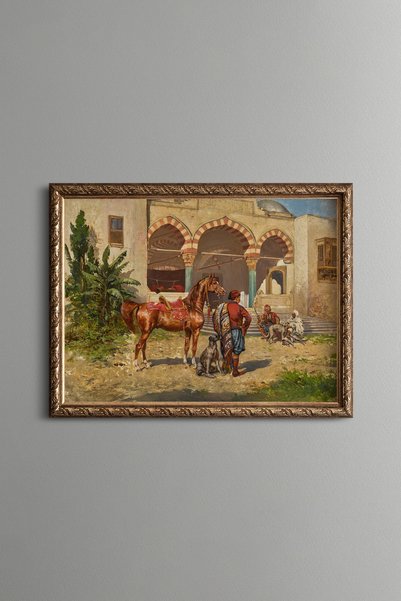 epiqart Horses and People in Traditional Clothing in the Courtyard - Vintage ...