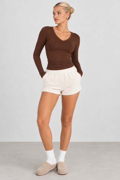Nuevo Kadın Kahverengi V Yaka Uzun Kollu Basic Soft Body Bluz Günlük Şık Üst Pamuklu Nefes Alan Kumaş