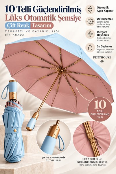 Penthouse 10 Telli Güçlendirilmiş Lüks Otomatik Şemsiye Çift Renk Tasarım UV ...