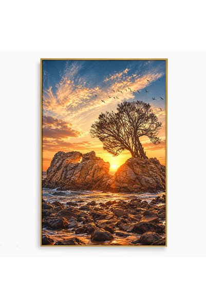 Luxcanva Tablou Canvas Apus Peste Stanci 40x60 cm cu Rama Auriu Apus Mare Stanci