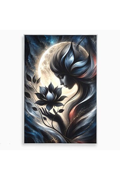 Luxcanva Tablou Canvas Misterul Zeitei Nocturne cm cu Rama Argintiu Luna Feme...
